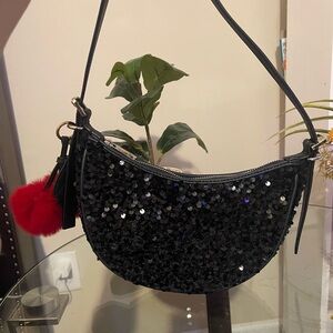 Madden girl Black Sequin Shoulder Bag with Red Pom Accent